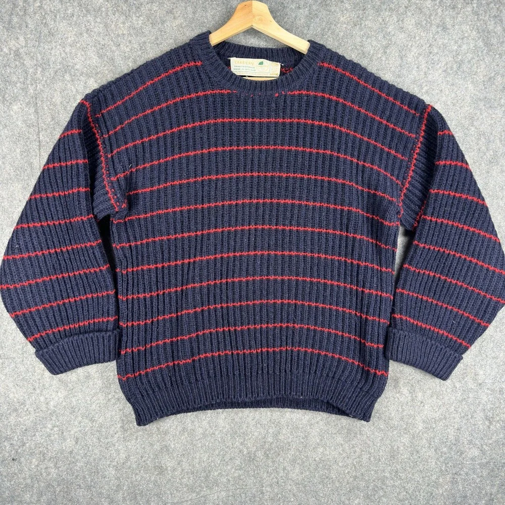 Vintage Carbery Sweater Mens Large Blue Red Striped Irish Wool Crewneck Knit